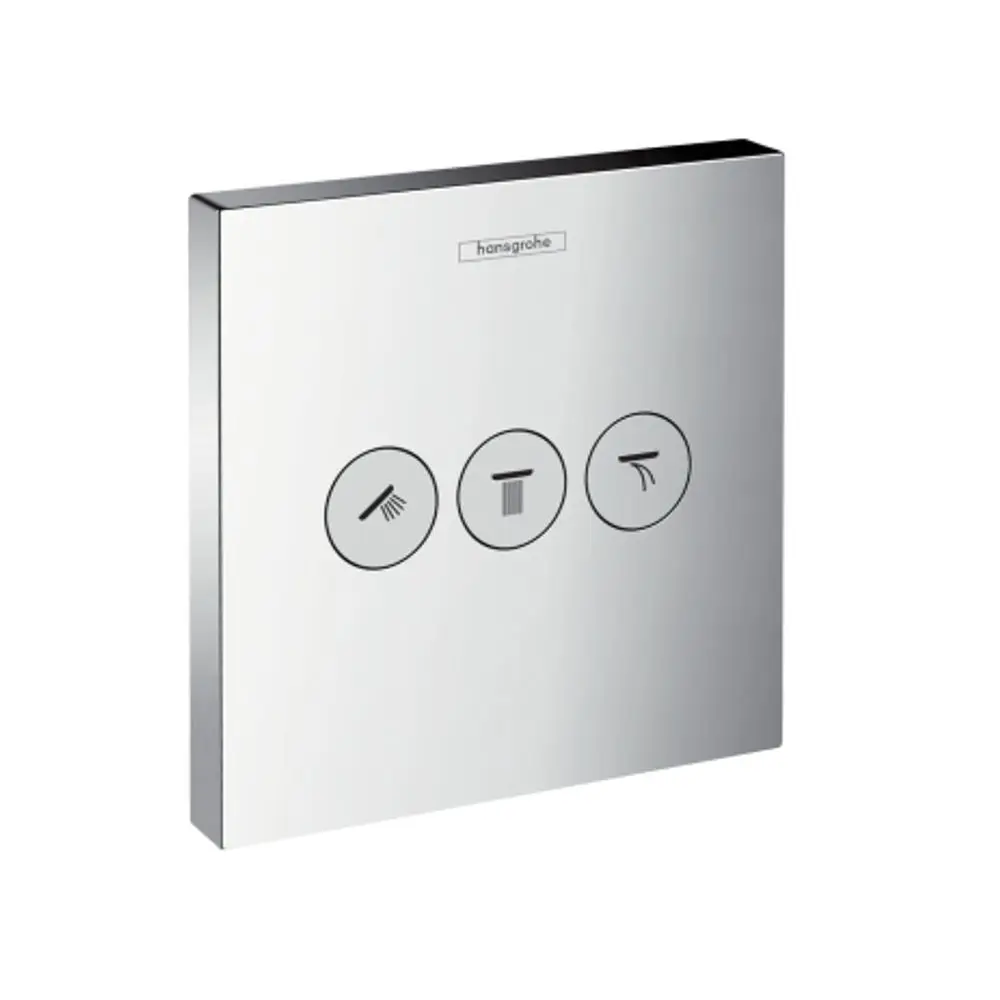 Chromfarbige Unterputzbedieneinheit von Hansgrohe mit drei Symbolen für verschiedene Duschfunktionen auf einer rechteckigen, glatten Oberfläche.